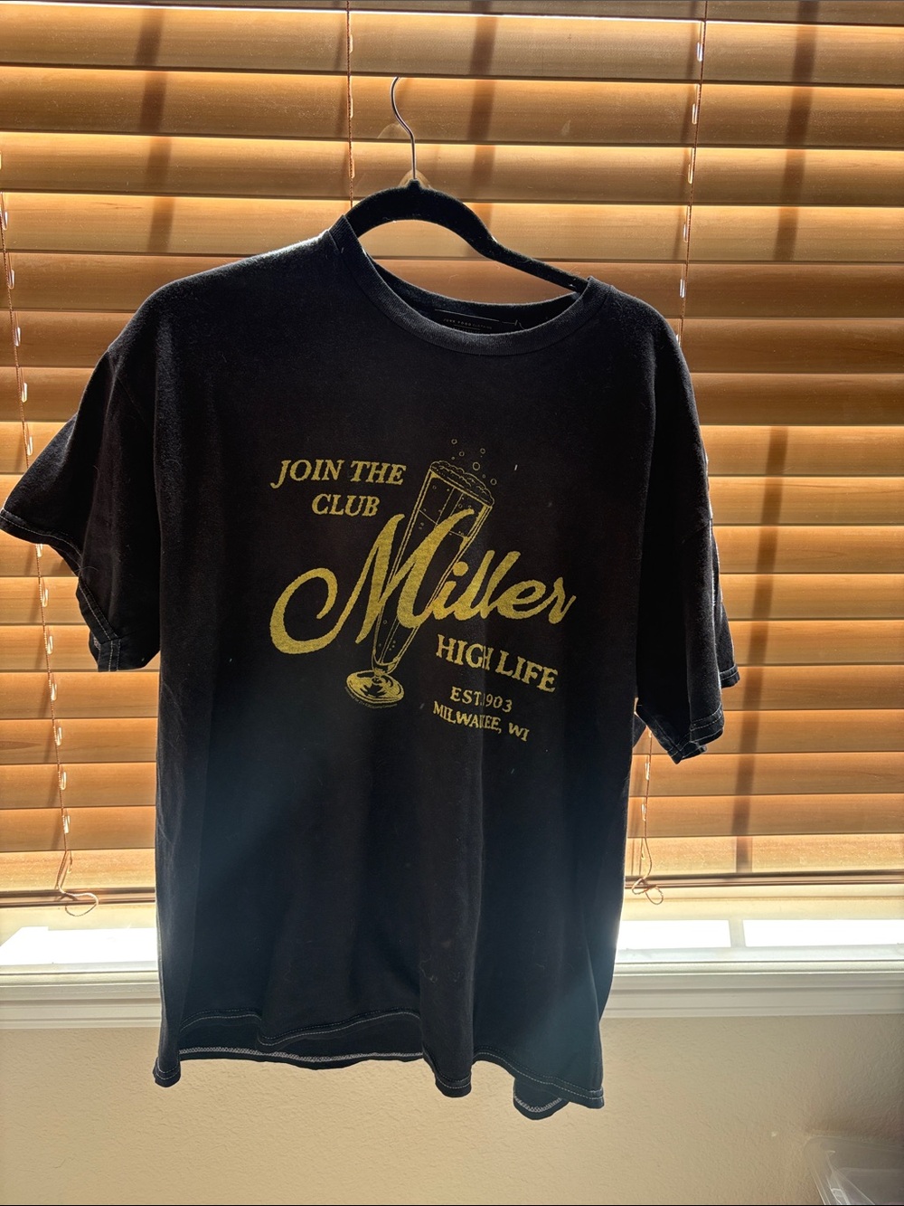 Junk Food Clothing Black Tee with Gold 'Miller High Life' Graphic